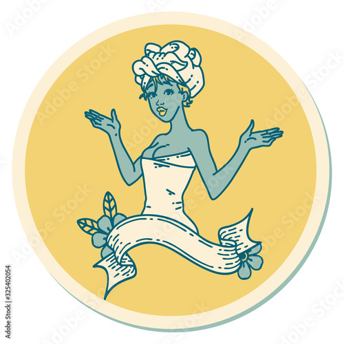 tattoo style sticker of a pinup girl in towel with banner