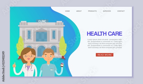 Medical clinic building web vector template. Cartoon illustration of medics doctors standing in front of hospital building. Medicine diagnostic web banner. Medicine health care webpage.