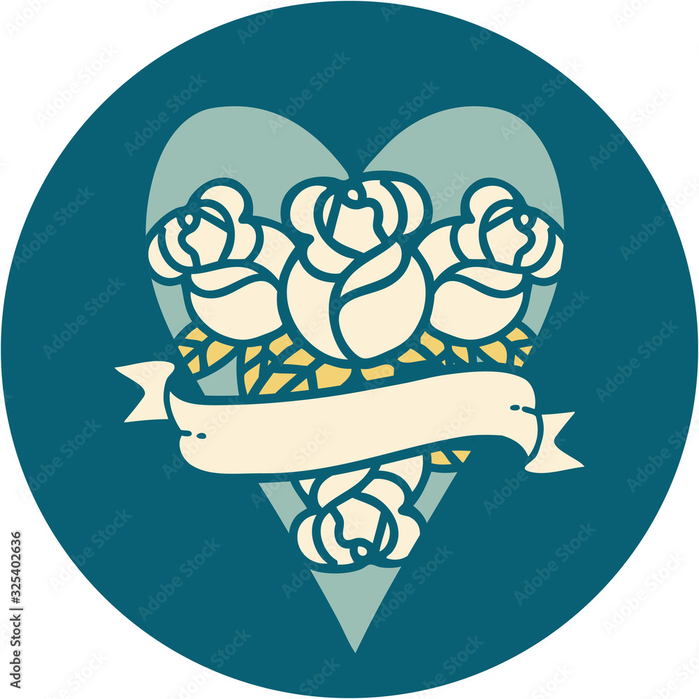 tattoo style icon of a heart and banner with flowers tattoo style icon of a heart and banner with flowers