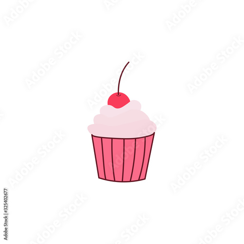 Cute cupcake with cherry on top flat vector icon isolated on a white background.