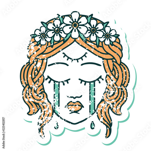 distressed sticker tattoo style icon of female face crying with third eye