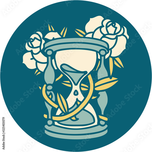 tattoo style icon of an hour glass and flowers