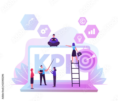 Kpi Data Report, Key Performance Indicators with Business Characters and Infographics Elements, Metrics Analysis. Company Management, Measure Marketing Campaign, Cartoon Flat Vector Illustration