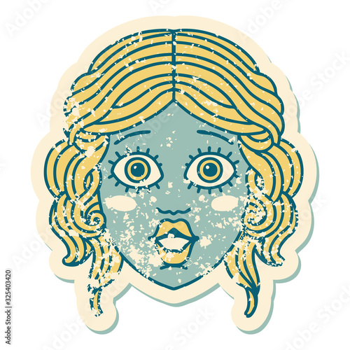 distressed sticker tattoo style icon of female face