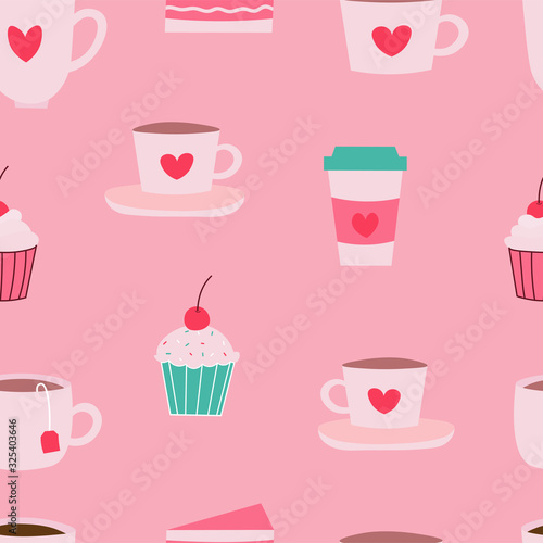 Cups mugs cupcakes cakes and muffins seamless repeat vector pattern for wrapping paper print fabrics.