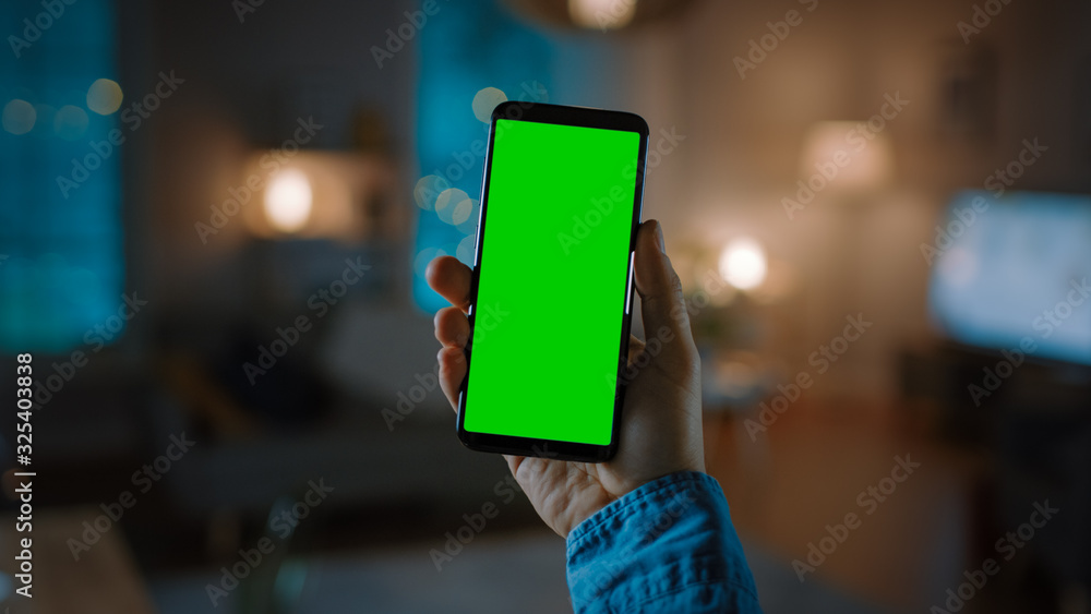 Close Up Shot of a Smartphone with Green Screen Great for Mock-up. Person is Holding Phone and Giving a Voice Command to Switch on the Light on the Backgroung in Living Room. Close Up Shot of a Smartphone with Green Screen Great for Mock-up. Person is Holding Phone and Giving a Voice Command to Switch on the Light on the Backgroung in Living Room.