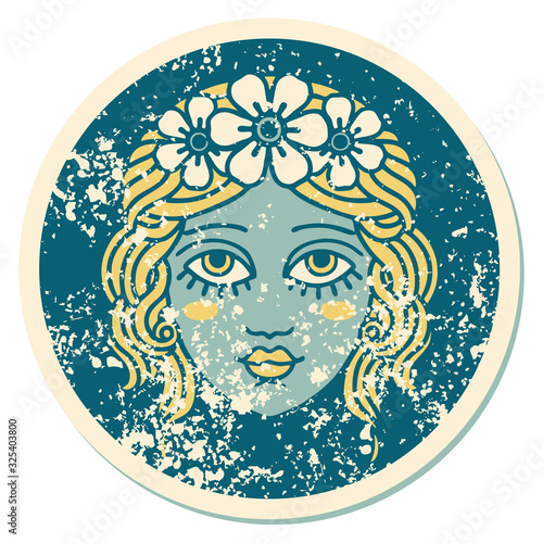 distressed sticker tattoo style icon of female face with crown of flowers