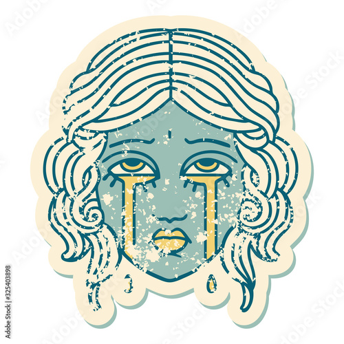 distressed sticker tattoo style icon of female face crying