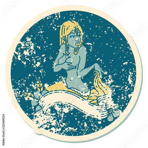 distressed sticker tattoo style icon of a pinup mermaid with banner
