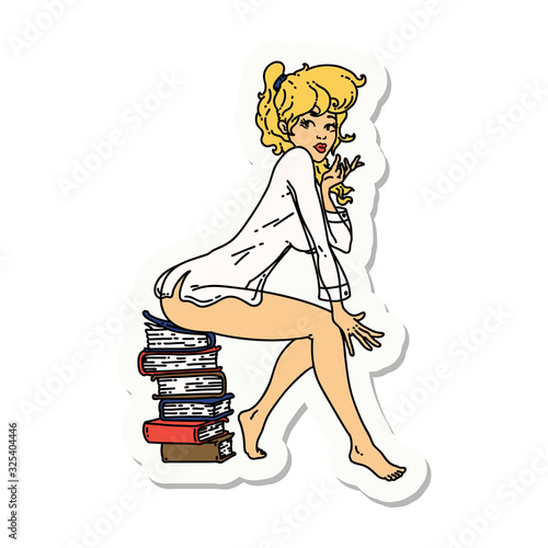 tattoo style sticker of a pinup girl sitting on books