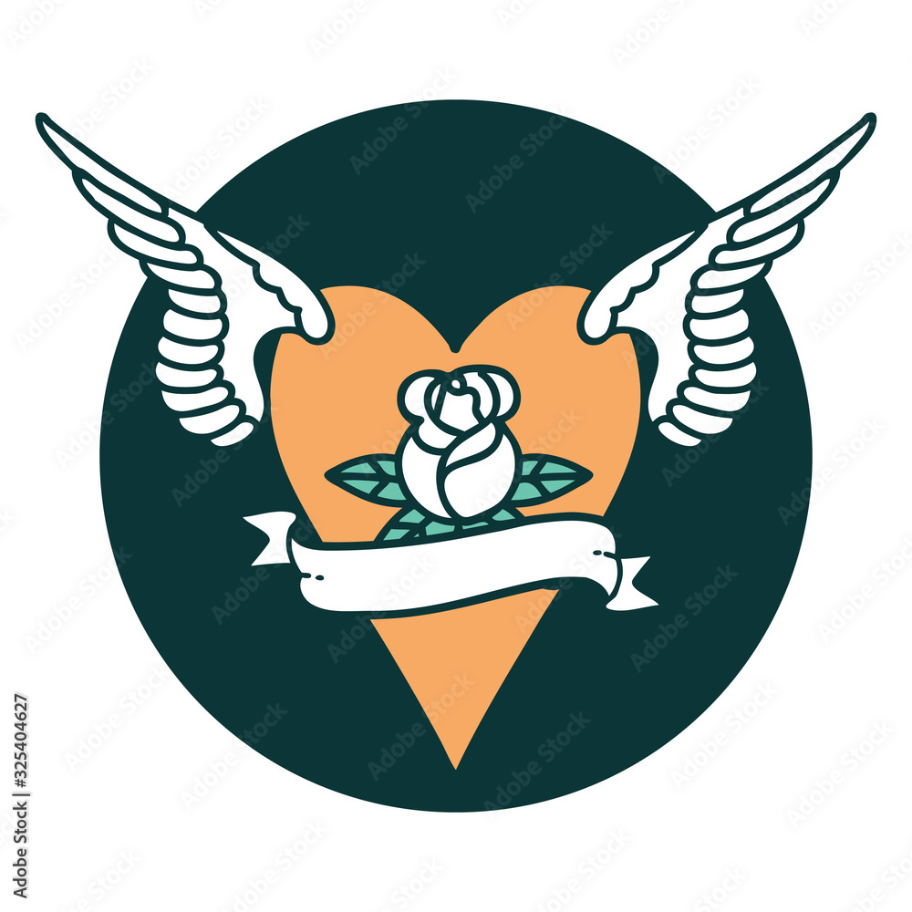 Fototapeta premium tattoo style icon of a flying heart with flowers and banner
