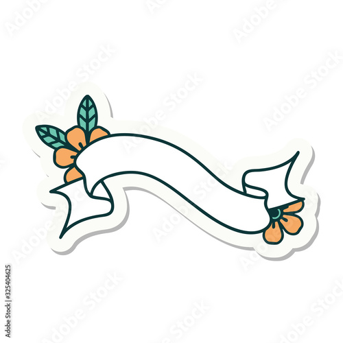 tattoo style sticker of a banner and flowers