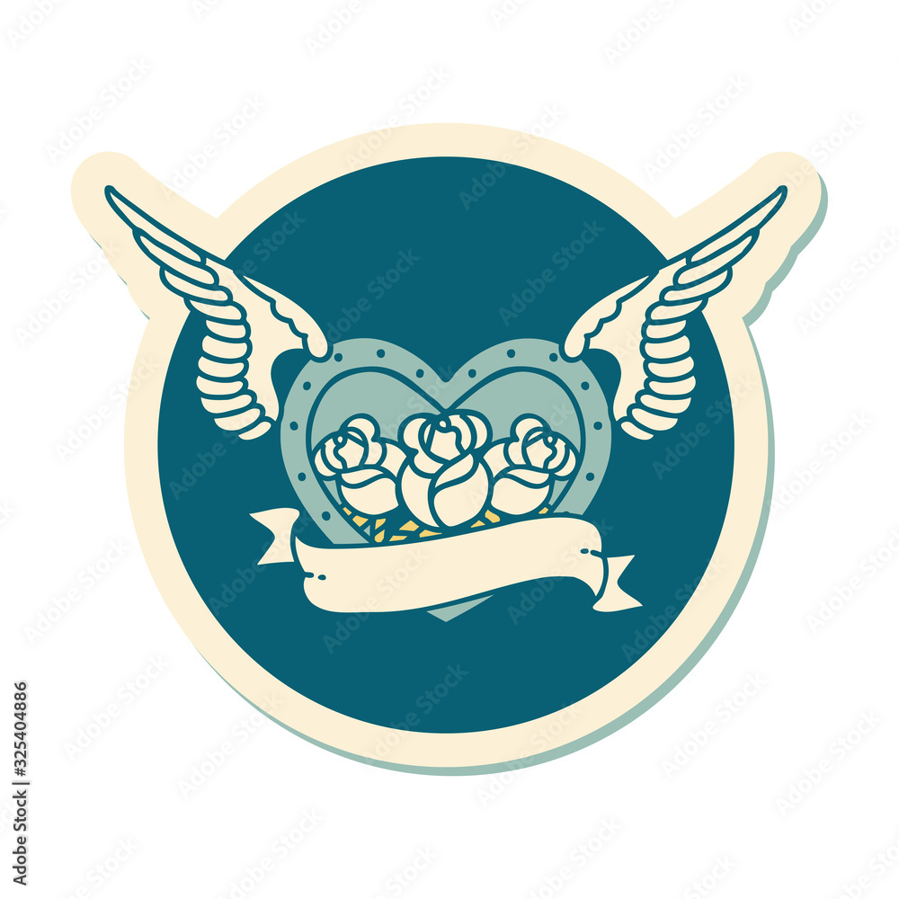 tattoo style sticker of a flying heart with flowers and banner tattoo style sticker of a flying heart with flowers and banner