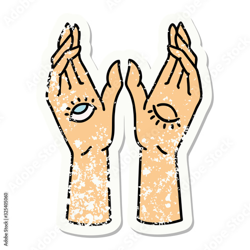traditional distressed sticker tattoo of mystic hands