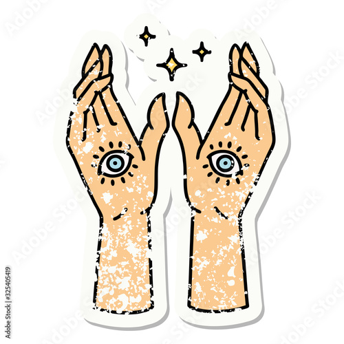 traditional distressed sticker tattoo of mystic hands