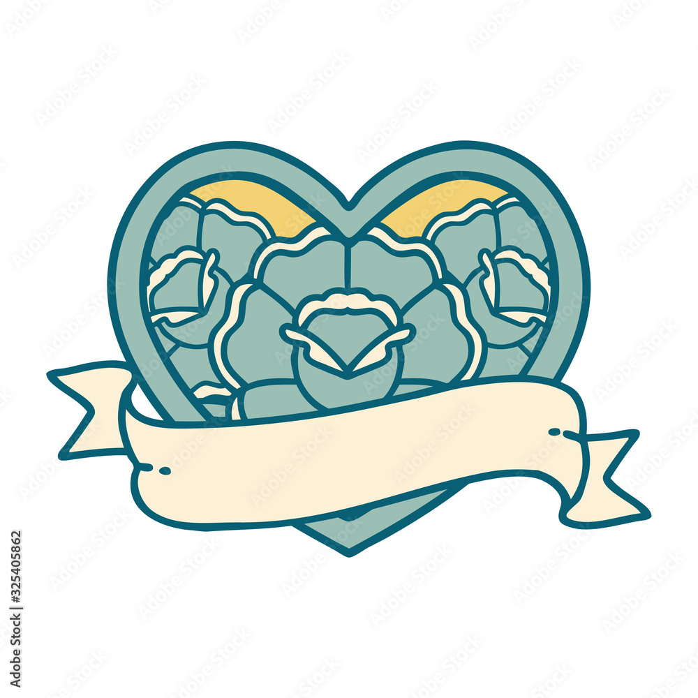 tattoo style icon of a heart and banner with flowers tattoo style icon of a heart and banner with flowers