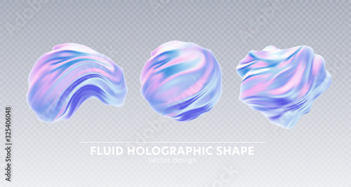 Set of Trendy realistic pattern with holographic 3d shape on blue background for banner design. Fluid shape background. Rainbow background. Fluid holographic pattern. Vector illustration