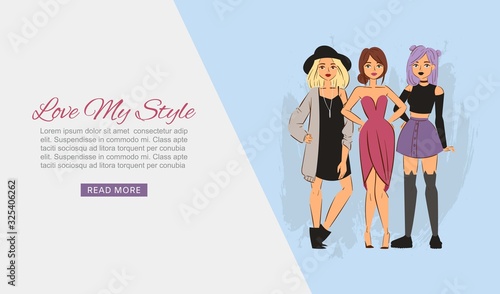 Fashion girls cartoon characters vector illustration. Woman love my style. Beautiful ladies. Cute and young model portraits. Beauty visage. Vogue style and trendy fashion design for teenagers.
