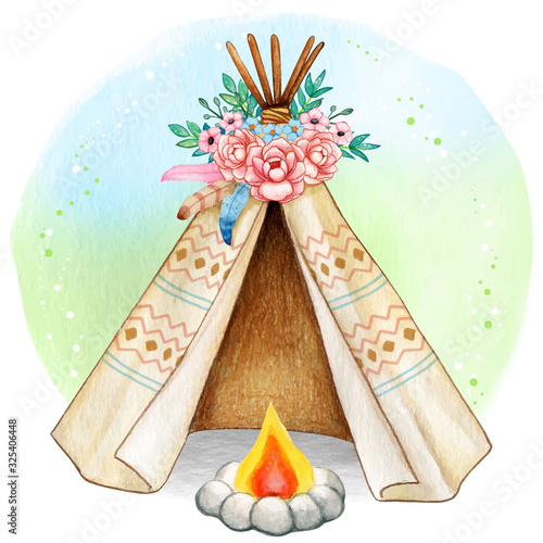 Watercolor boho spring tribal tent with camp fire