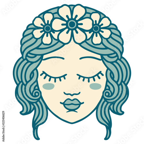 tattoo style icon of female face with eyes closed