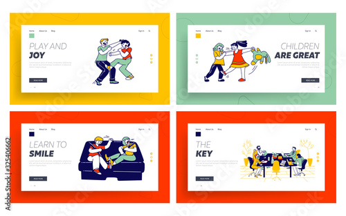 Kids Fighting, Financial School Class Website Landing Page Set. Children Quarreling Shouting and Hitting, People Study in Business Course Web Page Banner. Cartoon Flat Vector Illustration, Line Art