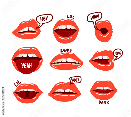 Woman Mouth Set. Red Sexy Lips Expressing Different Emotions as Happy Smiling, Seduction, Show Tongue, Kiss, Surprising, Disgust. Design Elements, Icons, Stickers Cartoon Vector Illustration Clip Art