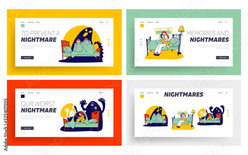 Fearful Kids and Imaginary Monsters Website Landing Page Set. Mother Calm Down Frighten Son, Kids Sitting on Bed Hide from Scary Nightmares Web Page Banner. Cartoon Flat Vector Illustration, Line Art