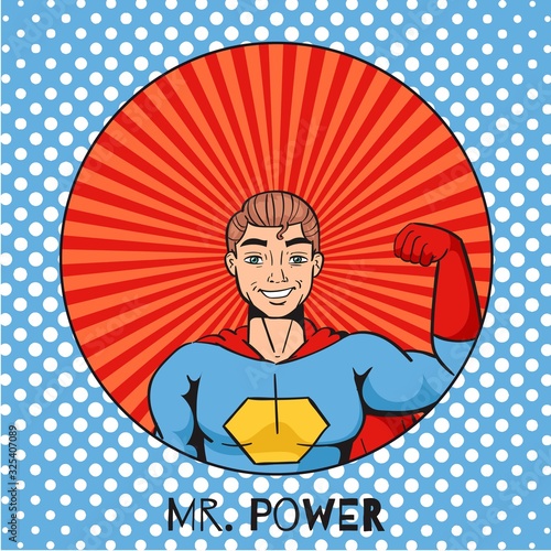 Figure of cartoon superhero with power gesture on pop art background vector illustration. Popart comic illustration. Professional comics. Story art. Superhero says my power.