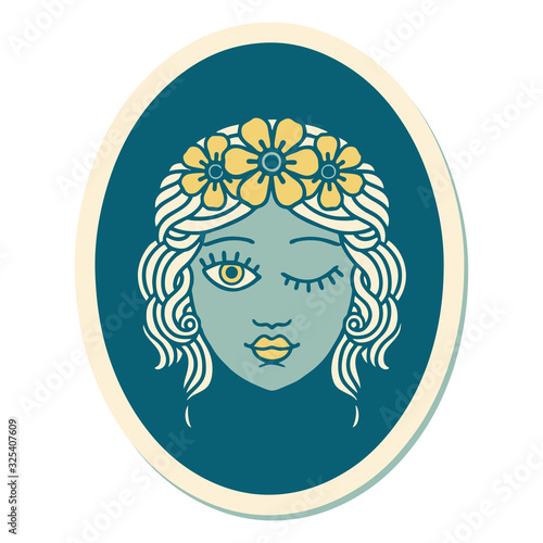 tattoo style sticker of a maiden with crown of flowers winking