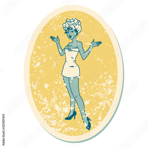 distressed sticker tattoo style icon of a pinup girl in towels