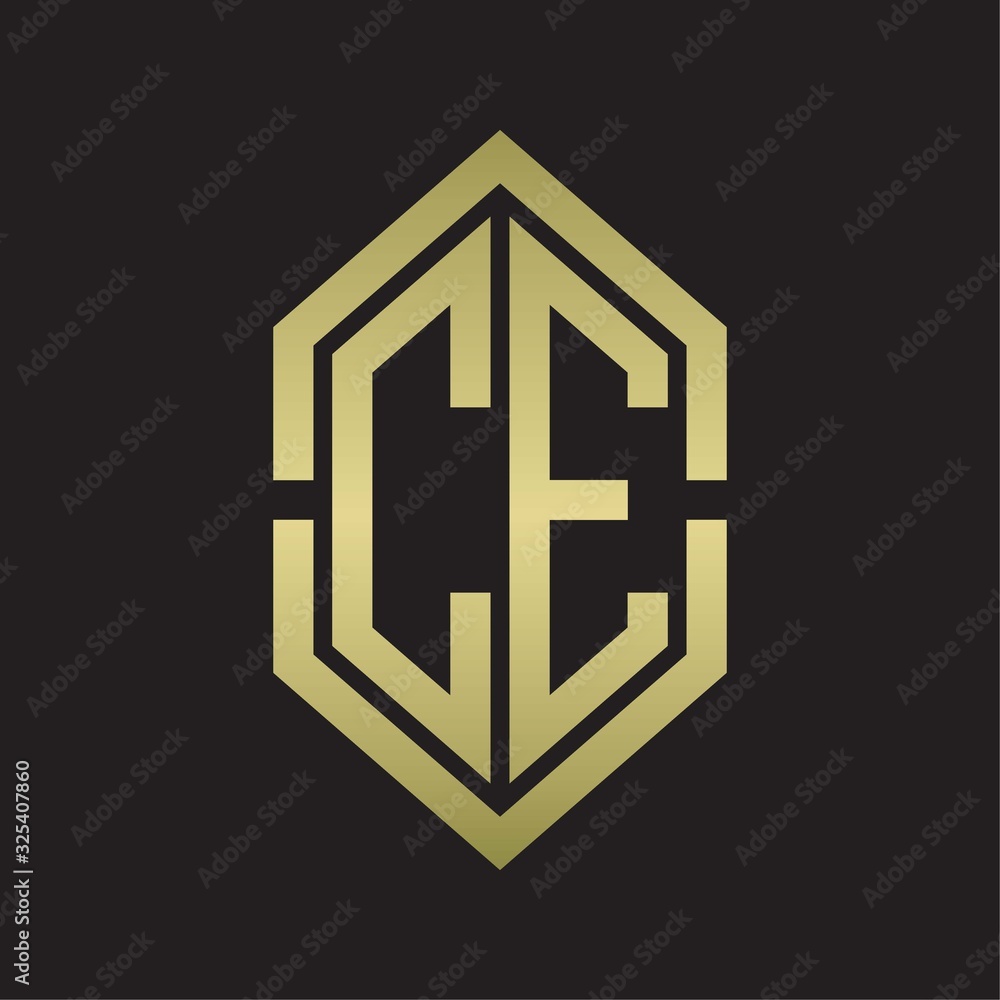 CE Logo monogram with hexagon shape and outline slice style with gold colors CE Logo monogram with hexagon shape and outline slice style with gold colors