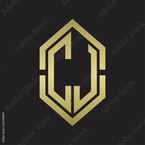 CJ Logo monogram with hexagon shape and outline slice style with gold colors