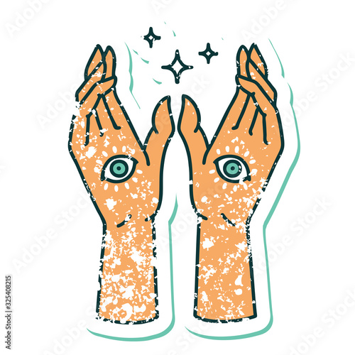 distressed sticker tattoo style icon of mystic hands