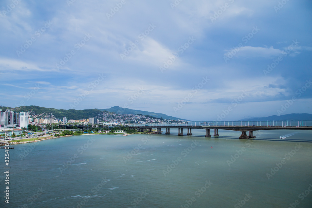 View of Florianopolis bay and downtown with the two main Bridges connecting to mainland, Colombo Salles and Pedro Ivo Campos bridges. 