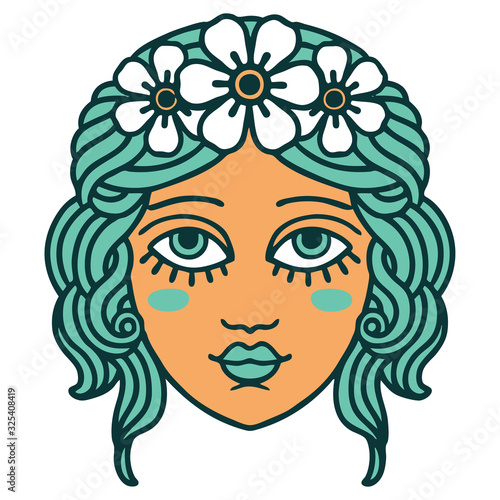 tattoo style icon of female face with crown of flowers