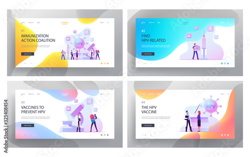 Hpv Protection, Virus Medication, Preventive Measures, Immunization Website Landing Page Set. Doctors Research Human Papillomavirus Disease in Lab Web Page Banner. Cartoon Flat Vector Illustration