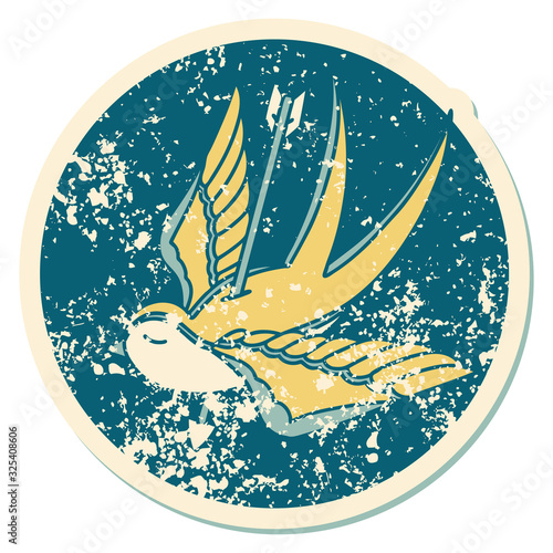 distressed sticker tattoo style icon of a swallow pieced by arrow