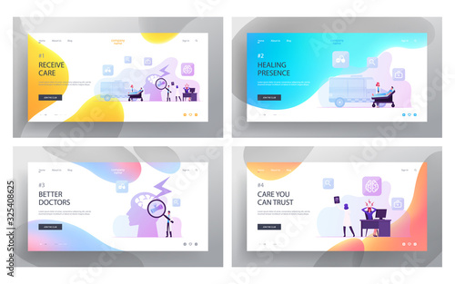 Apoplexy, Insult Attack Website Landing Page Set. Sick People with Brain Disease Symptoms, Doctors Learning Neuroscience and Neurosurgery Medicine Web Page Banner. Cartoon Flat Vector Illustration
