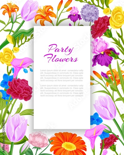 Party invitation with summer flowers, bouquet with peopy, lily, roses and daisies floral wedding card vector illustration. Floral card and flowers for party or wedding. photo