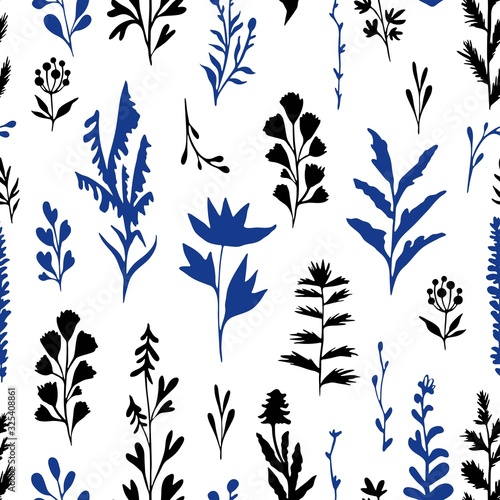 Flowers ink silhouettes illustration set of elements hand drawing seamless pattern