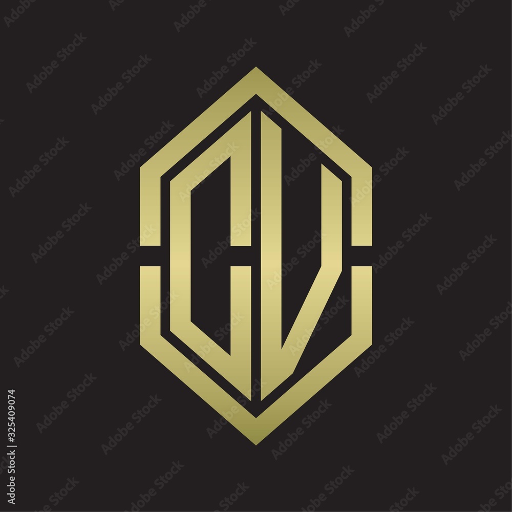 DV Logo monogram with hexagon shape and outline slice style with gold colors DV Logo monogram with hexagon shape and outline slice style with gold colors