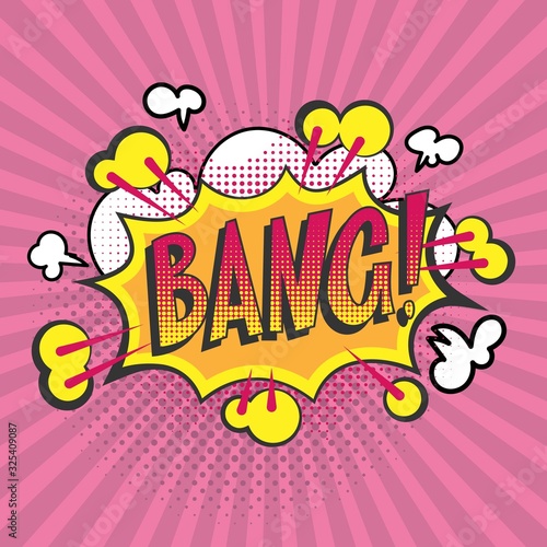 Bang pop art vector cartoon illustration poster. Wording comic speech bang bubble in yellow pop art style on burst explosion and vintage stripped pink background.
