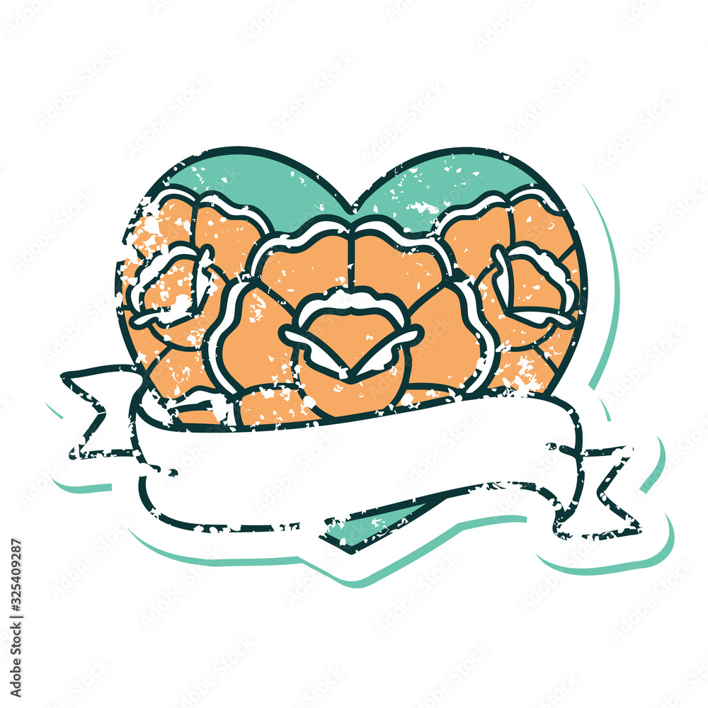 distressed sticker tattoo style icon of a heart and banner with flowers distressed sticker tattoo style icon of a heart and banner with flowers