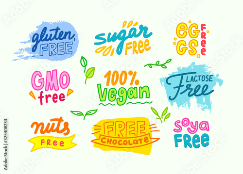 Set of Labels for Allergens, Products Free of Gmo, Chocolate, Gluten and Lactose, Nuts, Soya and Sugar. 100 Percent Vegan Food, Intolerance Allergic Symbols for Banners Design. Vector Illustration