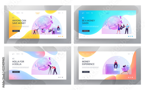 Currency Exchange and Global Trading Website Landing Page Set. People Learn Finance and Economics Situation for Investment and Buying Foreign Money Web Page Banner. Cartoon Flat Vector Illustration