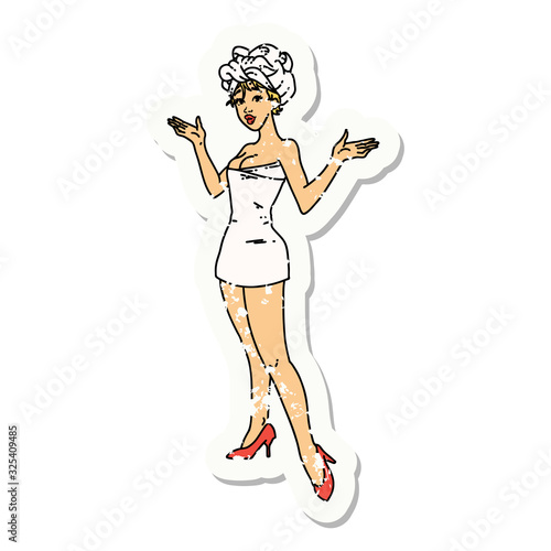 distressed sticker tattoo of a pinup girl in towels