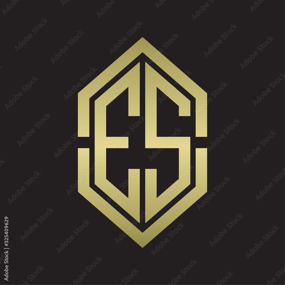 ES Logo monogram with hexagon shape and outline slice style with gold colors ES Logo monogram with hexagon shape and outline slice style with gold colors