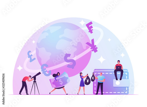 Trading and Global Economics Situation. People Rejoice at Favorable Exchange Rate. Online Economy Applications for Quick Currency Exchange Euro Yen Pound Dollar. Cartoon Flat Vector Illustration