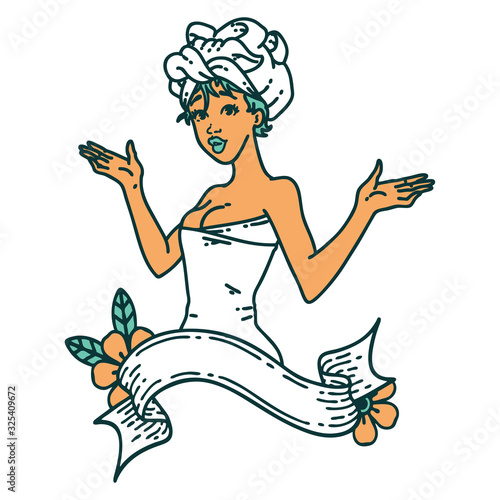 tattoo style icon of a pinup girl in towel with banner