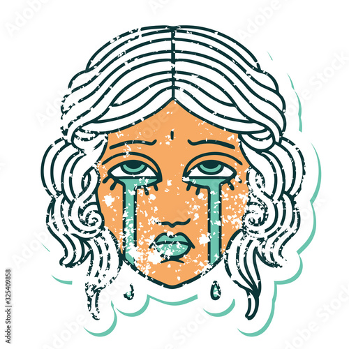 distressed sticker tattoo style icon of female face crying